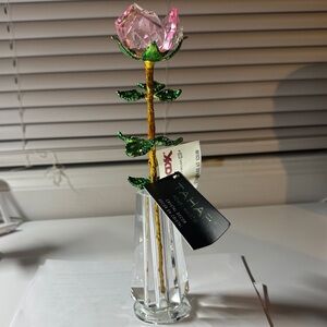 Tahari Pink Crystal Rose with Green Leaves
